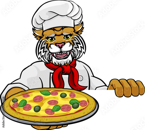 A panther chef mascot cartoon character holding a pizza peeking round a sign photo