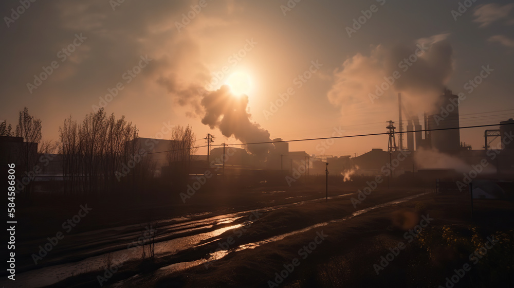 industry metallurgical plant dawn smoke smog emissions bad ecology aerial photography, AI generated