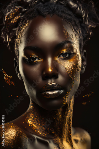 editorial photography, the most attractive black woman, dripping in gold and glitter. Generative AI