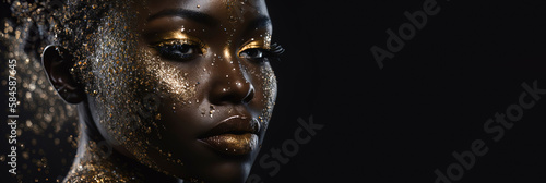 Editorial photo of black woman in gold and glitter. Generative AI