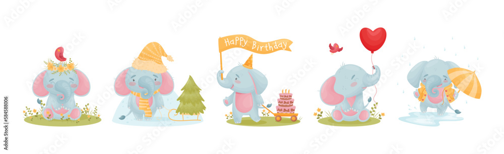 Cute Blue Elephant Character Engaged in Different Activity Vector Set Cute Blue Elephant Character Engaged in Different Activity Vector Set