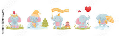 Cute Blue Elephant Character Engaged in Different Activity Vector Set