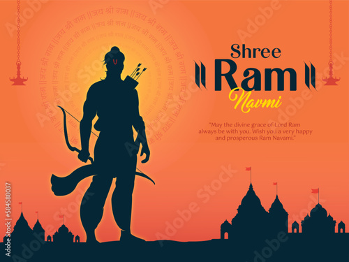 Illustration of Lord Ram bow arrow and temple background for Indian festival Ram Navmi.  © Tiny Art Studio
