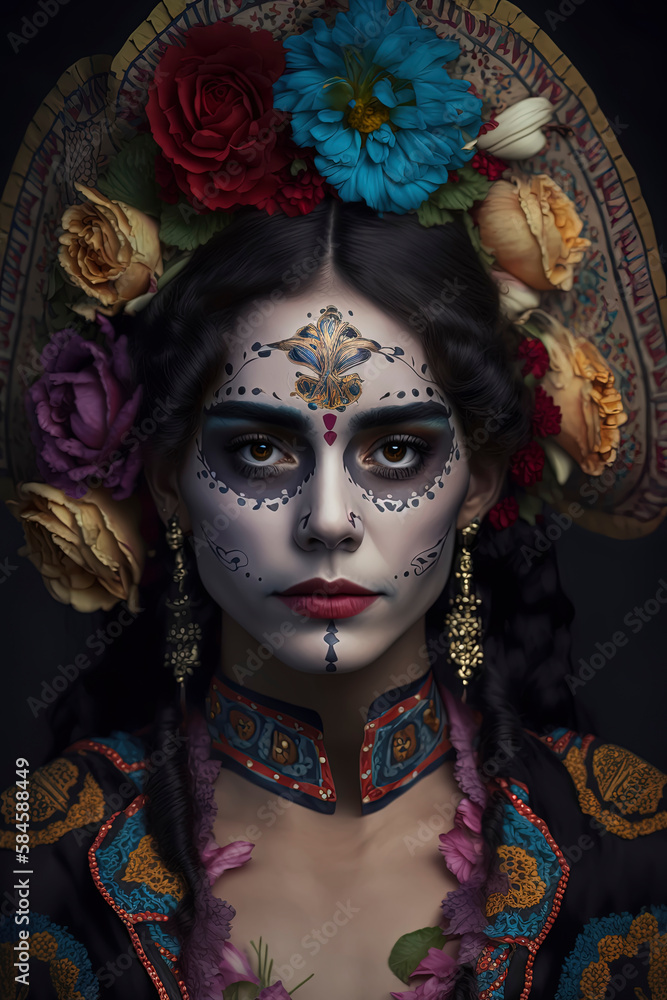 Traditional Mexican makeup on Catrina woman. Generative AI