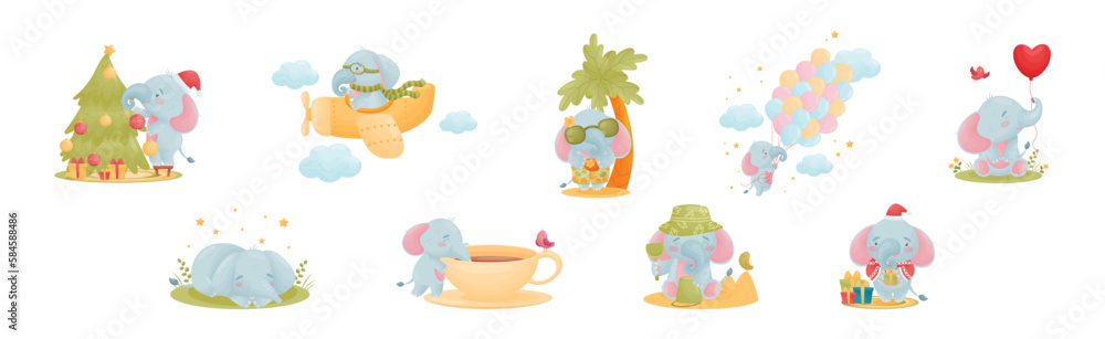 Cute Blue Elephant Character Engaged in Different Activity Vector Set