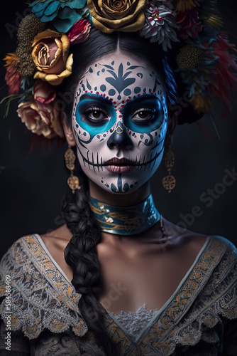 Beautiful woman in Catrina makeup for Dia de los Muertos. Generative AI
