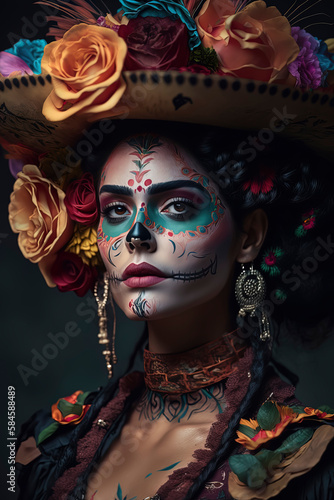 Dia de los Muertos woman with Catrina makeup. Generative AI