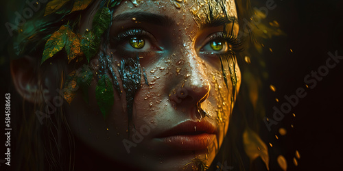 Bark-textured goddess with molten sap tears. Generative AI