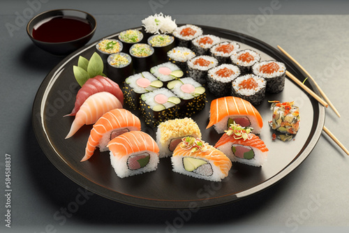 Japanese sushi plate set, Generative AI