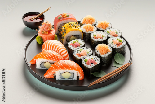 sushi on a plate with chopsticks, Generative AI