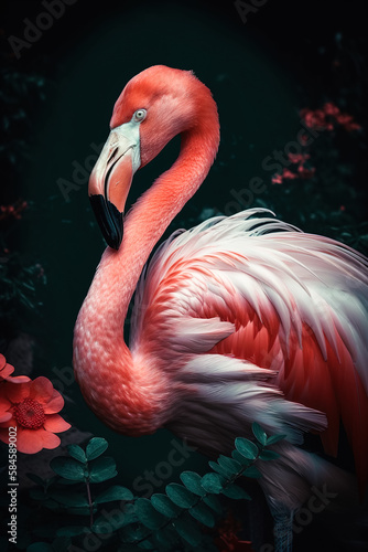 A beautiful exotic bird, a long-necked pink flamingo standing proudly in the water against a dark background with a leaf pattern. Generative ai