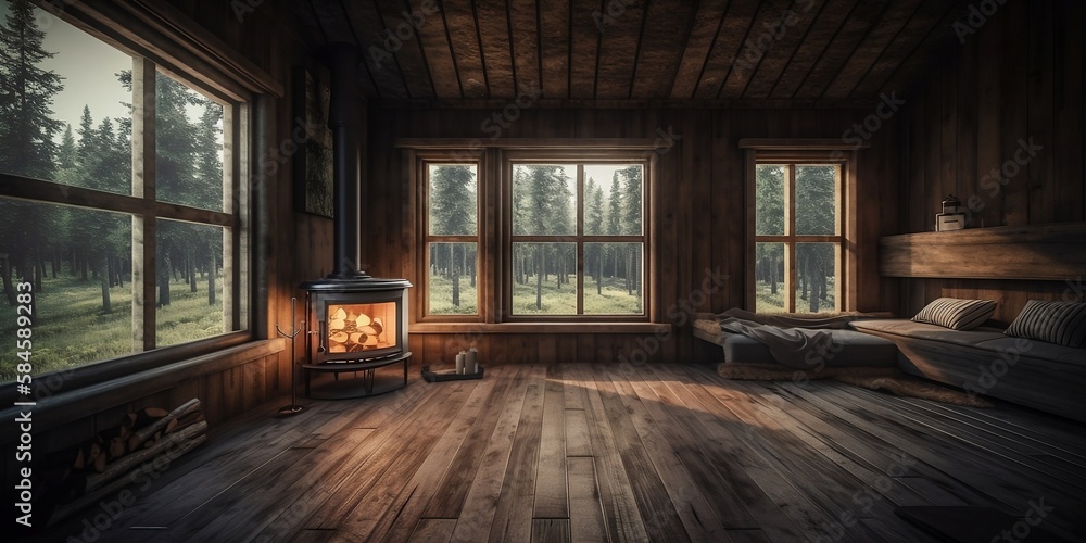 Cabin in the woods, fireplace and amazing landscape, natural light. Generative AI Cabin in the woods, fireplace and amazing landscape, natural light. Generative AI