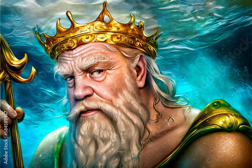 Fantasy art digital illustration of King Triton, god of the sea, wearing a crown and holding a trident underwater - Generative AI photo