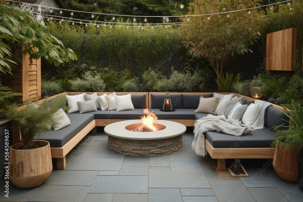 A stylish and inviting outdoor living space with a natural wood deck, a rattan sectional, and a fire pit surrounded by slate tile - obrazy, fototapety, plakaty 