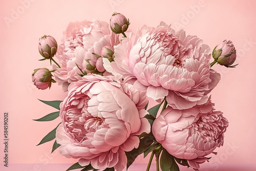 Beautiful peonies. Bouquet of flowers on a pink background. Generative AI