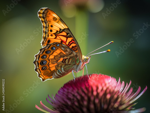 A close-up shot of a delicate butterfly perched on a flower, with its wings open wide and its vibrant colors shining in the sun, ai generative © Iva