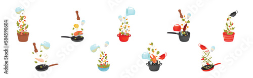 Food Preparation with Floating Ingredients for Cooking and Utensils Vector Set