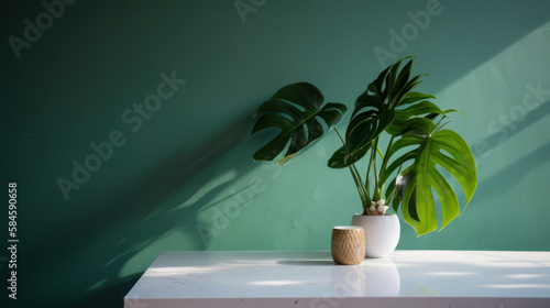 A minimalistic, modern white marble stone counter table featuring a tropical monstera plant tree bathed in sunlight, set against a green wall background, creating a luxurious setting for skin care pro photo