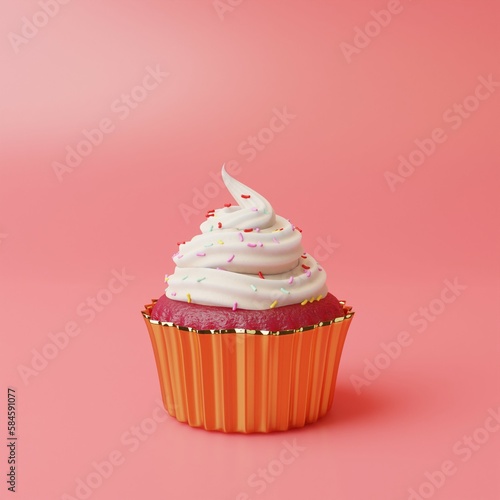 Cupcake on pink background. 3d rendering