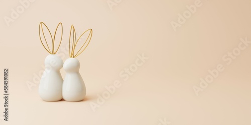 White bunny easter with golden ears on cream color background. Creative concept 3d rendering