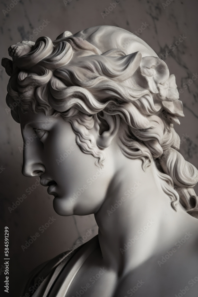 Statue of Apollo's head. Marble statue, close up. History and art concept. Generative AI, no real statues or people referenced