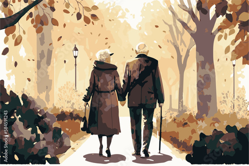 Old couple walking together in a park. Elderly love. Vector art of romantic love. Painting of an old man an old woman enjoying happy senior activity. Outdoors lifestyle. Healthy active pensioners
