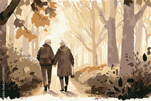 Old couple walking together in a park. Elderly love. Vector art of romantic love. Painting of an old man an old woman enjoying happy senior activity. Outdoors lifestyle. Healthy active pensioners