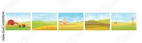 Country View with Sown Field, Barn House and Pasture Land as Green Landscape Vector Set