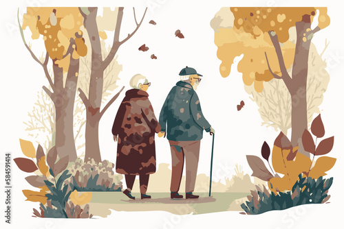 Old couple walking together in a park. Elderly love. Vector art of romantic love. Painting of an old man an old woman enjoying happy senior activity. Outdoors lifestyle. Healthy active pensioners