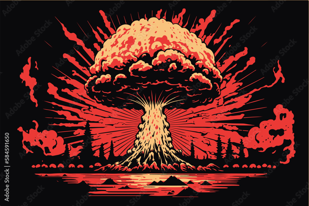 Nuclear explosion. Vector art of the atomic bomb. Huge mushroom cloud.  Explosive destruction. Toxic radioactivity.Fear of nuclear war.  Catastrophic event. World war. Nagazaki town. Horro history. Stock Vector |  Adobe Stock