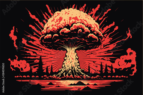 Nuclear explosion. Vector art of the atomic bomb. Huge mushroom cloud. Explosive destruction. Toxic radioactivity.Fear of nuclear war. Catastrophic event. World war. Nagazaki town. Horro history. photo