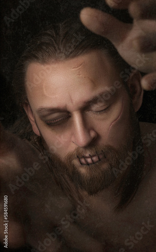 man with mouth and eye sewn closed his remaining eyelid and pleadingly stretches his hands to the viewer from darkness photo