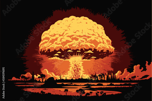 Nuclear explosion. Vector art of the atomic bomb. Huge mushroom cloud. Explosive destruction. Toxic radioactivity.Fear of nuclear war. Catastrophic event. World war. Nagazaki town. Horro history.