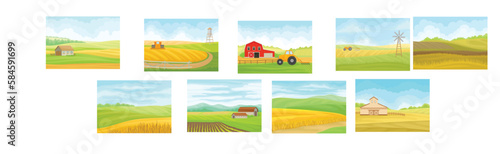 Country View with Sown Field, Barn House and Pasture Land as Green Landscape Vector Set