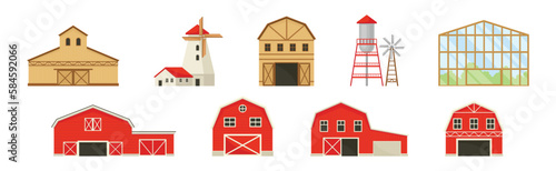 Farm Object with Red Barn, Greenhouse, Water Tower and Windmill Vector Set