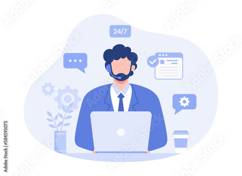 Customer service, hotline operators consult customers, call center. Modern vector flat illustration