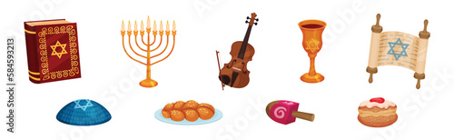 Menorah, Torah, Goblet, Scroll, Pastry and Dreidel as Hanukkah Symbols for Jewish Holiday Celebration Vector Set