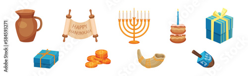 Scroll, Menorah, Pastry, Gift Box, Horn, Coins and Dreidel as Hanukkah Symbols for Jewish Holiday Celebration Vector Set