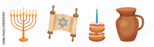 Menorah, Torah Scroll, Pastry and Jug as Hanukkah Symbols for Jewish Holiday Celebration Vector Set