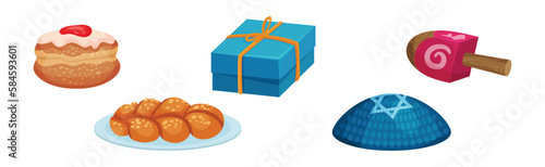Sweet Pastry, Kippah, Gift Box and Dreidel as Hanukkah Symbols for Jewish Holiday Celebration Vector Set