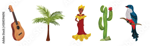 Cuba Symbols with Guitar, Palm Tree, Woman in National Dress, Cactus and Trogon Bird Vector Set