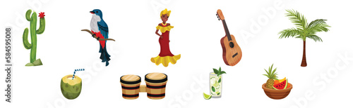 Cuba Symbols with Guitar, Palm Tree, Woman in National Dress, Cactus and Trogon Bird Vector Set