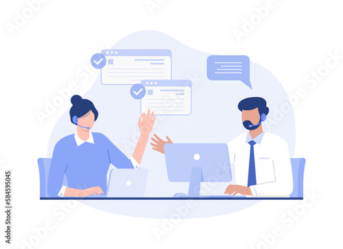 Customer service, hotline operators consult customers, call center. Modern vector flat illustration