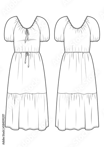 Tiered dress with puff sleeve and drawstring technical drawing / flat sketch /CAD / ADOBE Illustrator vector digital download
