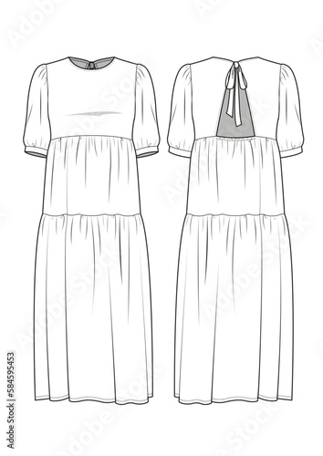 Short puff sleeve tiered maxi dress technical drawing / flat sketch /CAD / ADOBE Illustrator vector digital download