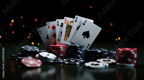 Casino cards game with chips and cubes on dark black background. Flying cards for online casinos and mobile gambling applications, poker - winner, wealth concept.Generative ai photo
