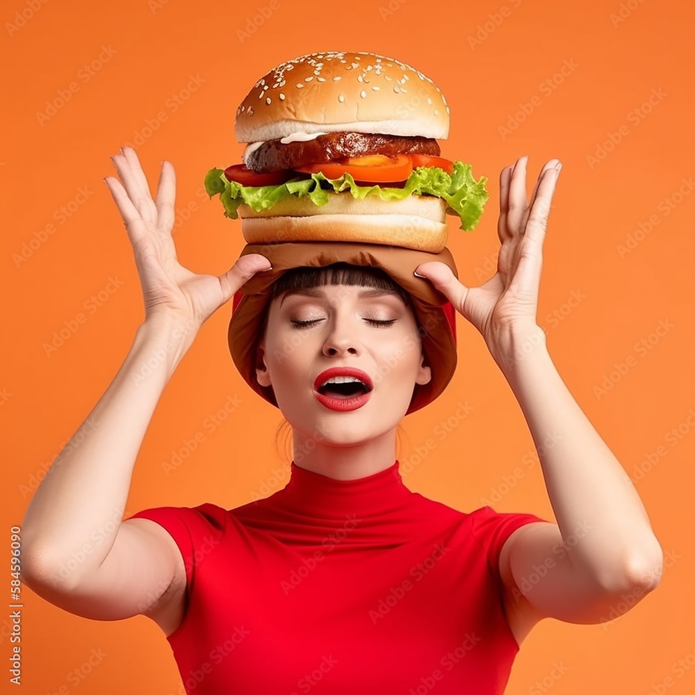 Junge hübsche Frau mit Hamburger auf dem Kopf macht Yoga und konzentriert sich, ai generativ Junge hübsche Frau mit Hamburger auf dem Kopf macht Yoga und konzentriert sich, ai generativ