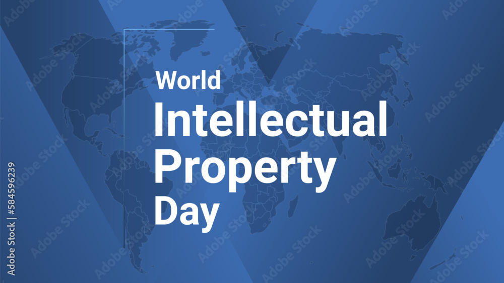 World Intellectual Property Day international holiday card. Poster with earth map, blue gradient lines background, white text.