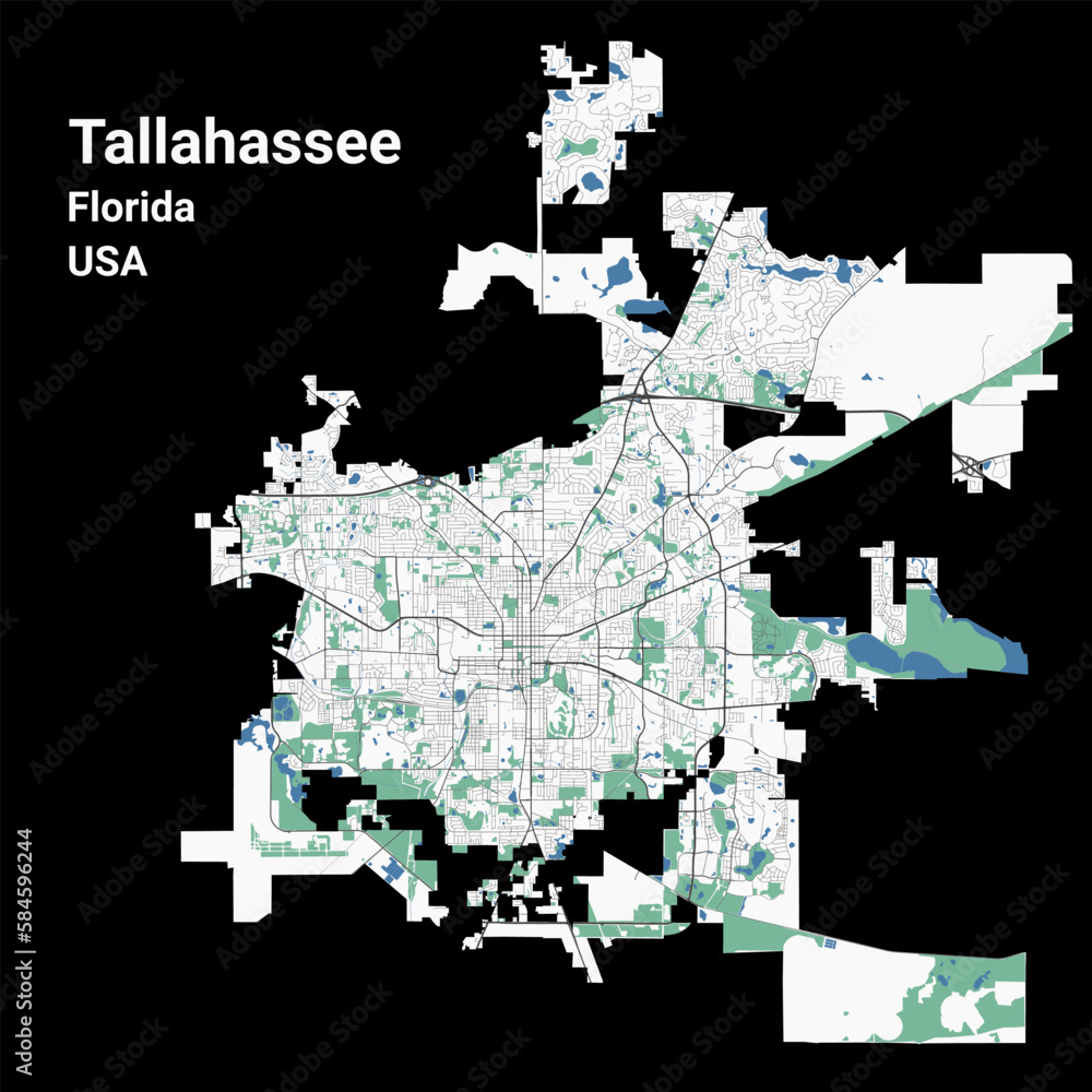 Tallahassee map, capital city of the USA state of Florida. Municipal