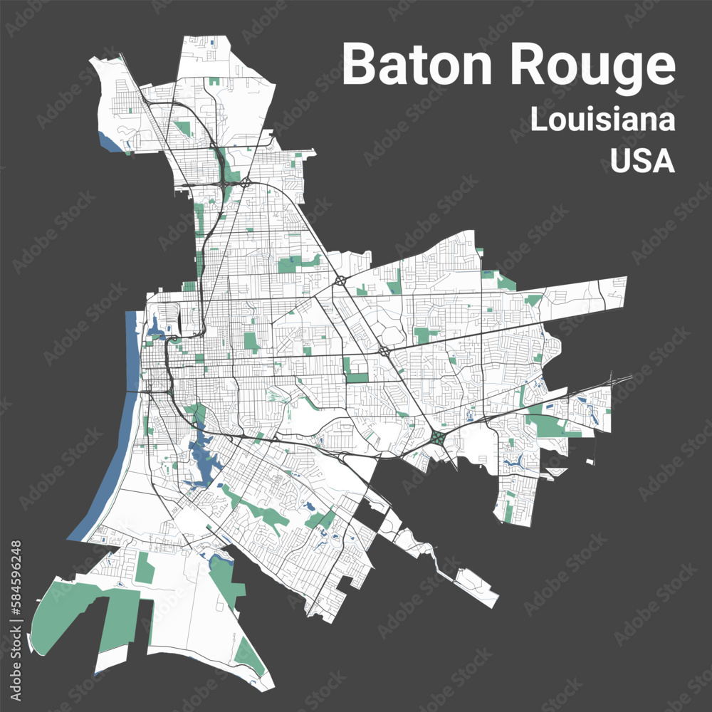 Baton Rouge map, capital city of the USA state of Louisiana. Municipal administrative area map with rivers and roads, parks and railways.